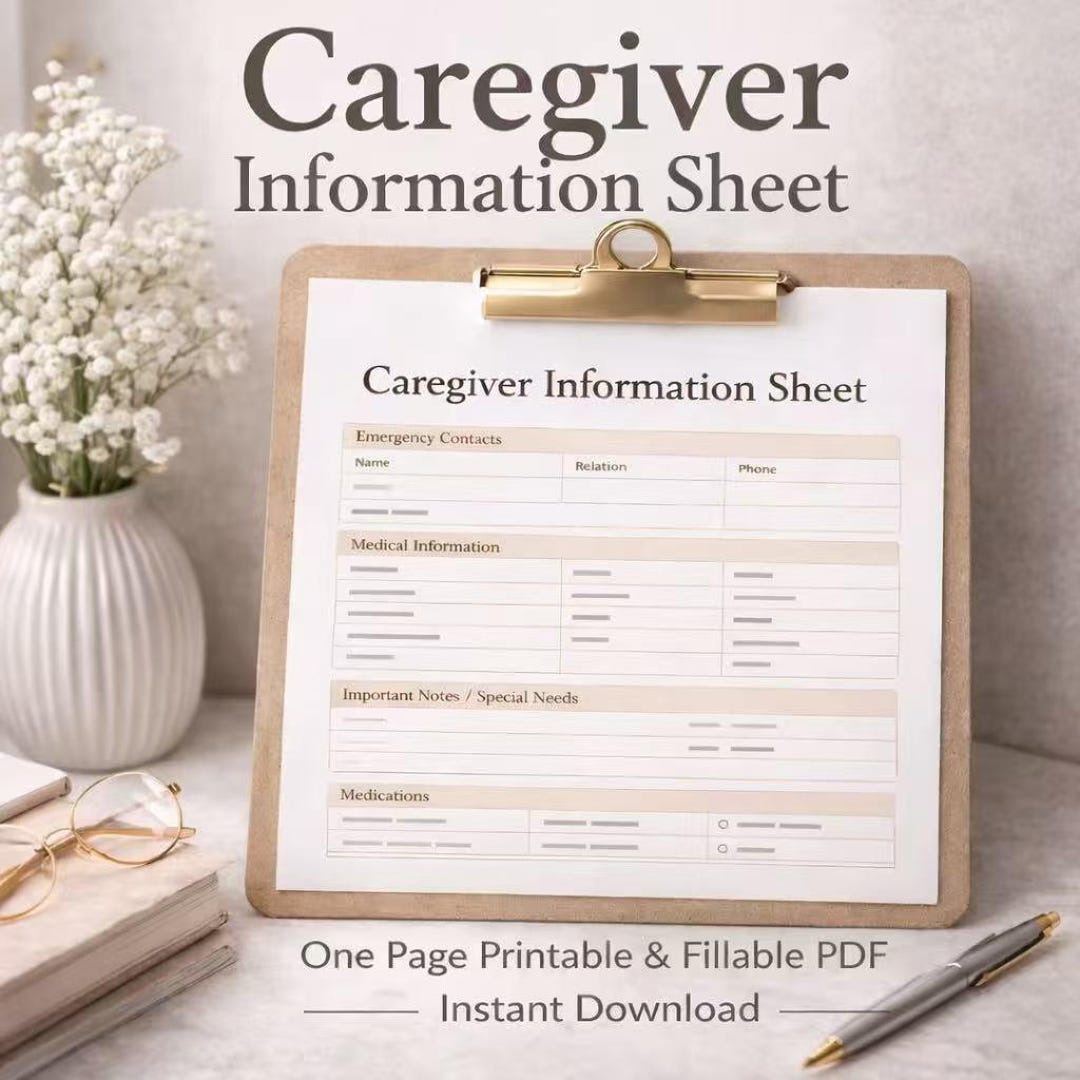 Caregiver Information Printable, Elder Care Form, Fillable PDF, One