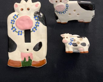Cow Hand Painted Ceramic Cow Switch Plate: Triple, Double Plug Cover