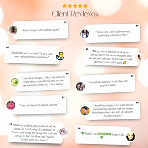 May include: A collage of customer reviews for digital graphics. The reviews highlight the quality, design, and ease of use of the graphics. The reviews include phrases like "Great images", "Amazing", "Super cute", "Beautiful resolution", "Excellent quality", and "I love them!"