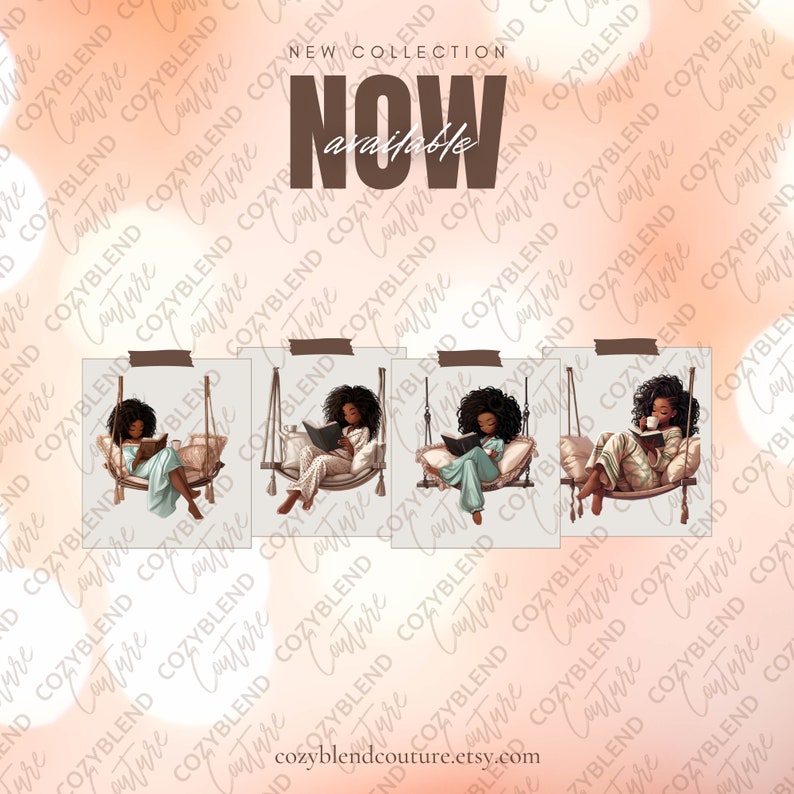 May include: Set of four digital illustrations featuring a Black woman relaxing in a swing while reading a book. Each illustration features a different color scheme and background.