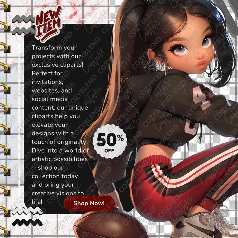 K&ouml;nnte beinhalten: Digitales Kunstwerk einer Frau in Sportkleidung, mit einem schwarzen Kapuzenpullover und einer roten Trainingshose. Das Bild enth&auml;lt Text, der Cliparts f&uuml;r Einladungen und soziale Medien bewirbt, mit 50% Rabatt.