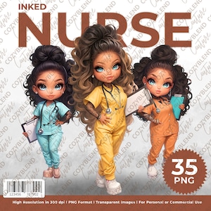 May include: Digital illustration featuring three nurses with tattoos, each in different colored scrubs: teal, yellow, and orange. The image includes the text "INKED NURSE" and "35 PNG".