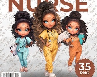 Può includere: Illustrazione digitale di tre infermiere tatuate, ognuna con divise di diversi colori: verde acqua, giallo e arancione. L'immagine include il testo "INKED NURSE" e "35 PNG".