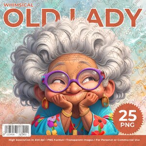 Imágenes prediseñadas de anciana caprichosa, ilustraciones de abuela divertidas y lindas PNG, descarga digital, ideal para álbumes de recortes, tarjetas, proyectos creativos