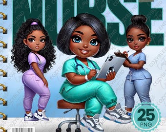 May include: Digital illustration of three Black nurses wearing scrubs. The nurse in the center is sitting on a chair and holding a tablet. The nurse on the left is standing and the nurse on the right is standing and holding a clipboard. The text "NURSE" is in large green letters behind the nurses. The text "BEAUTIES" is in small white letters in the upper right corner of the image.