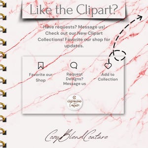 K&ouml;nnte beinhalten: Digitale Kunstgrafik mit dem Text "Like the Clipart?" und "Have requests? Message us!" auf einem rosa Marmorhintergrund. Enth&auml;lt Symbole zum Favorisieren des Shops, zum Anfordern von Designs und zum Hinzuf&uuml;gen zu einer Sammlung. Das Logo des Shops ist ebenfalls sichtbar.