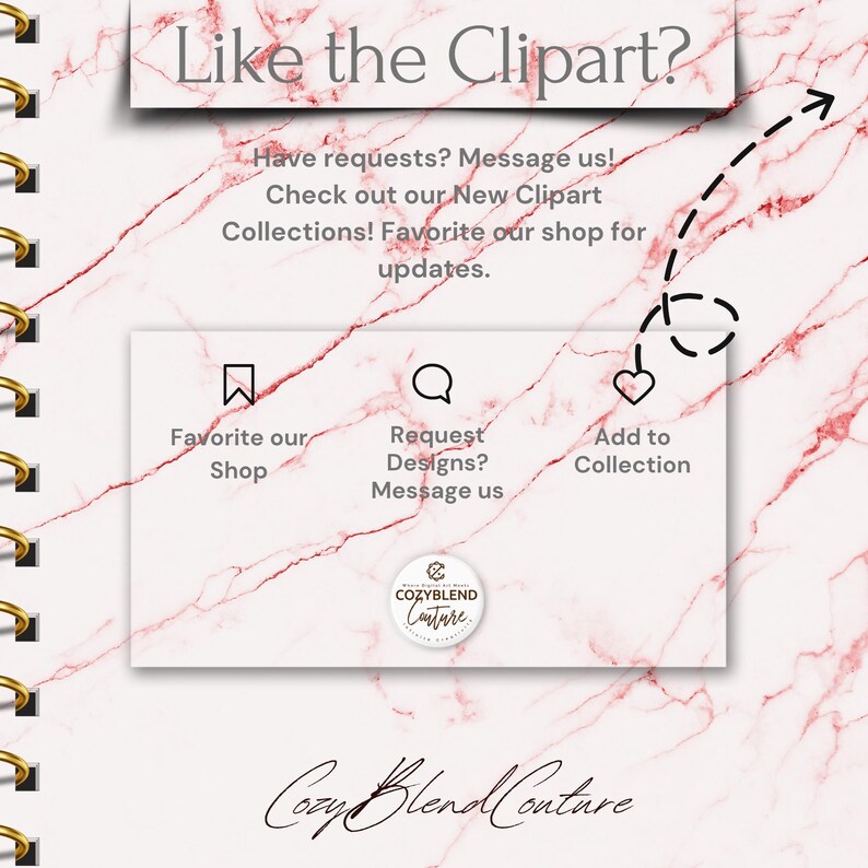 K&ouml;nnte beinhalten: Digitale Kunstgrafik mit dem Text "Like the Clipart?" und "Have requests? Message us!" auf einem rosa Marmorhintergrund. Enth&auml;lt Symbole zum Favorisieren des Shops, zum Anfordern von Designs und zum Hinzuf&uuml;gen zu einer Sammlung. Das Logo des Shops ist ebenfalls sichtbar.