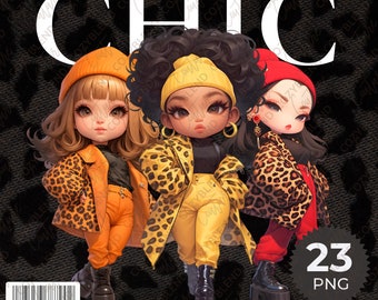 Leopard Chic Clipart - Fashionable Women in Stylish Leopard Print Outfits - Instant Download Digital Art