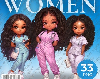 May include: A digital illustration of three Black nurses wearing scrubs. The nurses are wearing different colored scrubs: light blue, pink, and white. The nurses are smiling and have curly black hair. The image has the text "NURSES WOMEN" at the top and "33 PNG" at the bottom.