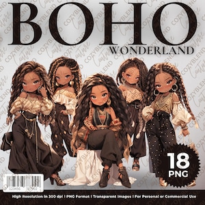 Boho African American Girl Clipart Bundle (PNG)