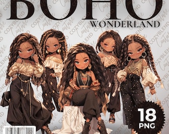 Boho African American Girl Clipart Bundle (PNG)
