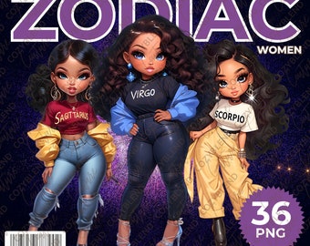 Imágenes prediseñadas de mujeres del zodíaco: ilustraciones PNG de signos astrológicos (descarga digital)