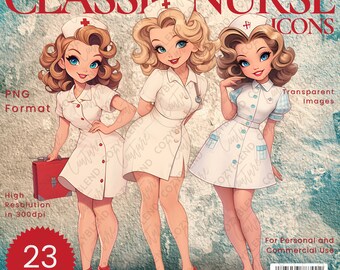 Classic Nurse Icons Clipart - Vintage Healthcare Illustrations for Retro Projects - Instant Download Digital Art
