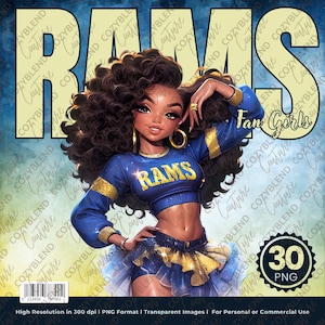 Puede incluir: Una ilustración digital de una mujer con un uniforme de animadora azul y dorado con la palabra "RAMS" en la parte delantera. El fondo es una acuarela azul y blanca con las palabras "Fan Girls" y "30 PNG" en la imagen.
