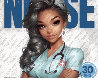 May include: Digital illustration of a female nurse with dark hair, wearing a light blue uniform and a stethoscope. The words "Medical Nurse" are displayed in blue. A red cross emblem is visible on the uniform. The image is labeled "30 PNG".