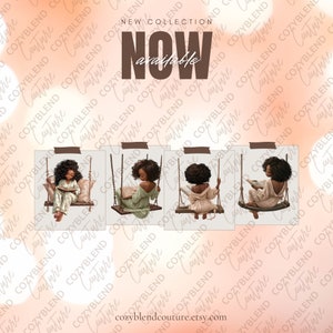 May include: Four digital illustrations of women reading on swings. Each woman has dark brown skin, dark brown hair, and is wearing a different outfit. The background is a peach color with the text "NEW COLLECTION NOW available" in brown.