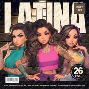 Latina Tattooed Women Illustrations: DIY Art Bundle (PNG Digital Download)