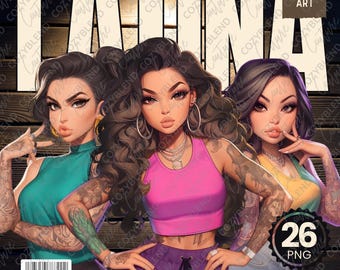 Illustrazioni di donne latine tatuate: pacchetto di opere d'arte fai da te (download digitale PNG)