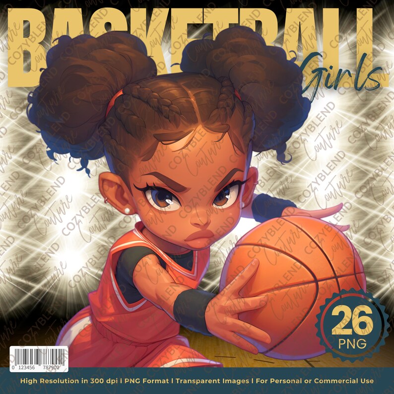May include: A digital illustration of a young girl with brown skin and braided hair wearing a red and orange basketball jersey. She is holding a basketball in her right hand and has a determined expression on her face. The background is a black and gold design with the words "Basketball Girls" in gold letters.