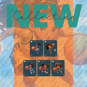 May include: Five digital illustrations of a young girl playing basketball. Each illustration is framed in a square with a blue background and white text. The text reads "cozyblendcouture".