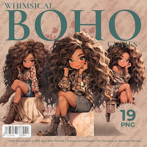 Whimsical Boho Cuties, pacote de clipart aquarela Boho Girl, PNG transparente, download digital, confecção de cartões, papelcraft, moda de menina bonita