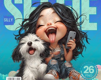 Silly Selfie Clipart: Girl and Dog, Whimsical Digital Art (PNG)