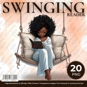 May include: A digital illustration of a Black woman reading a book while sitting on a swing. The woman is wearing a light blue robe and has long black hair. The swing is white with a beige cushion. The background is a soft peach color with a white and peach pattern.
