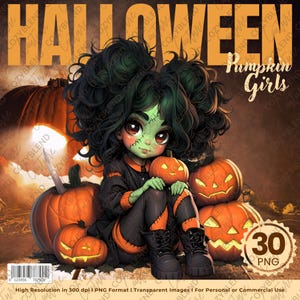 ハロウィーンのカボチャの女の子のクリップアート、かわいい、風変わりで不気味なイラスト PNG、小さな魔女、スクラップブック、カード、パーティーの装飾に最適