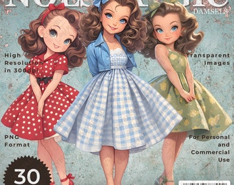 Nostalgic Damsels Clipart - Charming Vintage Girls for Retro Crafting - Instant Download Digital Art