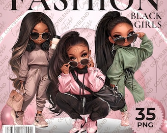 Trendy Black Girls Clipart: Fashion PNG Bundle (Digital Download)