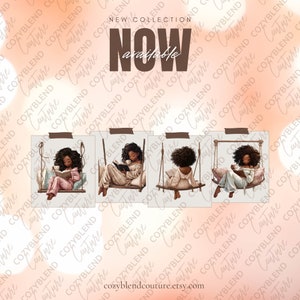 May include: Four digital illustrations of a Black woman relaxing in a swing with a book and a cup of coffee. The illustrations are in a cartoon style and have a warm, cozy aesthetic. The text "NOW available" is displayed above the illustrations.
