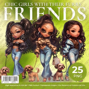 Chic Girls with Their Furry Friend Clipart - Fashionable Illustrations for Pet Enthusiasts - Instant Download Digital Art