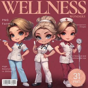 Girls Healthcare Clipart Set: Serene Nurse Illustrations (PNG Digital Download)