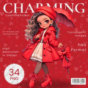 Charming Valentine&#39;s Girls Clipart Set, Valentine&#39;s Day Chibi Clipart. Cute Valentine Girl PNG for Stickers, Sublimation, Crafts
