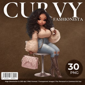 Curvy Fashionista Clipart: Elegant Black Woman PNG (Digital Download)