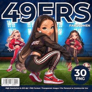 49ers fan vrouwen clipart, voetbalteam supporter illustraties png, hoogwaardige digitale download, scrapbooking, kaarten en doe-het-zelfprojecten