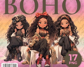 Conjunto de imágenes prediseñadas de chica bohemia: adorable chibi, moda de acuarela (PNG)