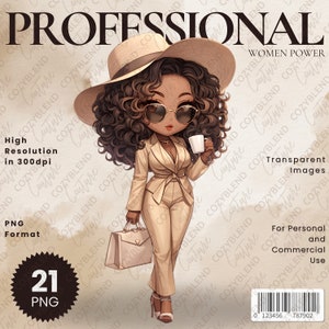 Pode incluir: Uma ilustração digital de uma mulher vestindo um tailleur de calças bege, um chapéu de abas largas, óculos de sol e segurando uma xícara de café. O texto "PROFESSIONAL WOMEN POWER" está no canto superior direito da imagem.