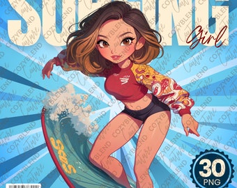 Surfing Girl Clipart: Adventurous PNG Illustrations (Digital Download)