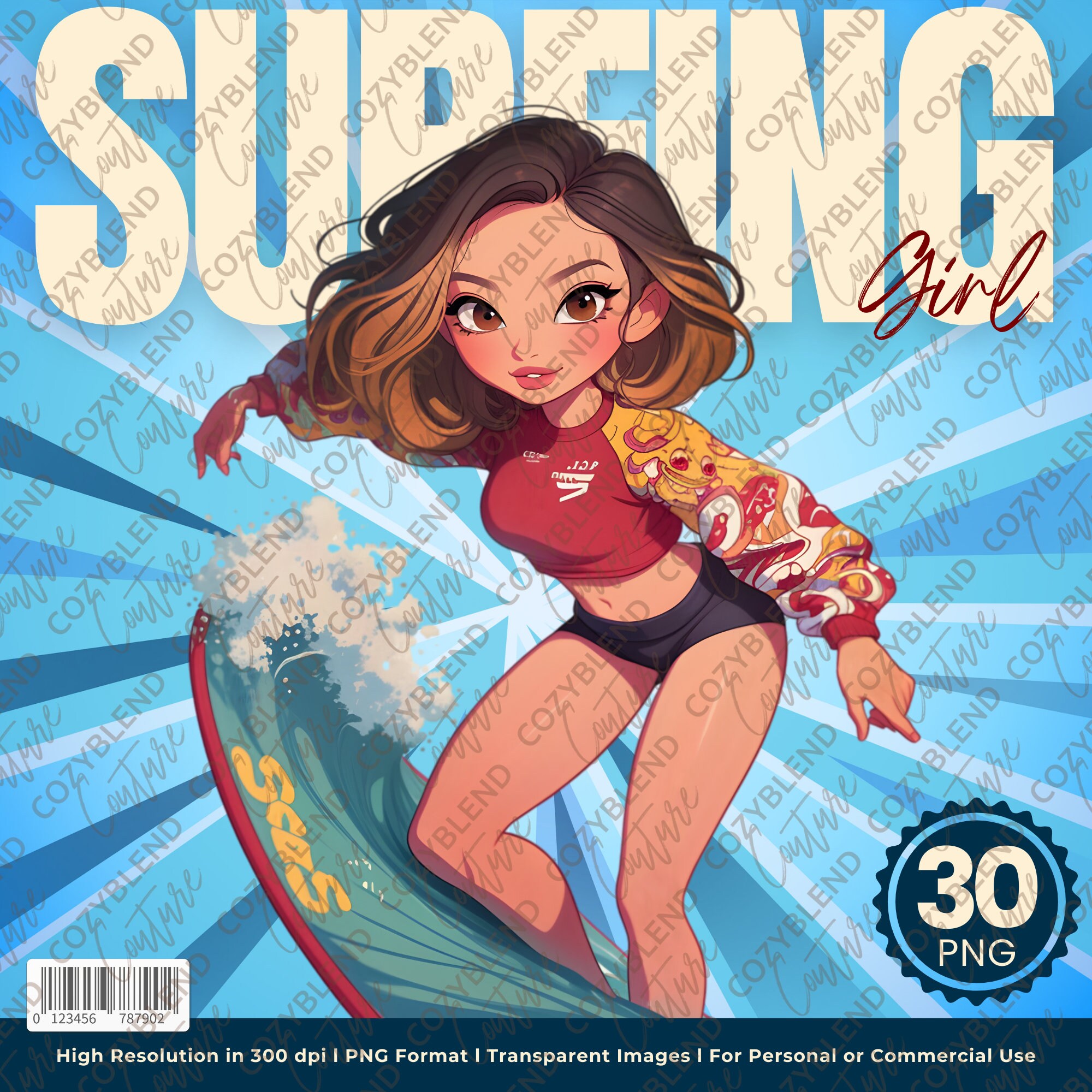 Surfing Girl Clipart: Adventurous PNG Illustrations (Digital Download)