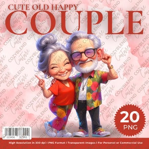 Linda vieja pareja feliz clipart, abuela y abuelo de dibujos animados, PNG, ancianos y mujeres activos, regalo de abuelos románticos, descarga digital