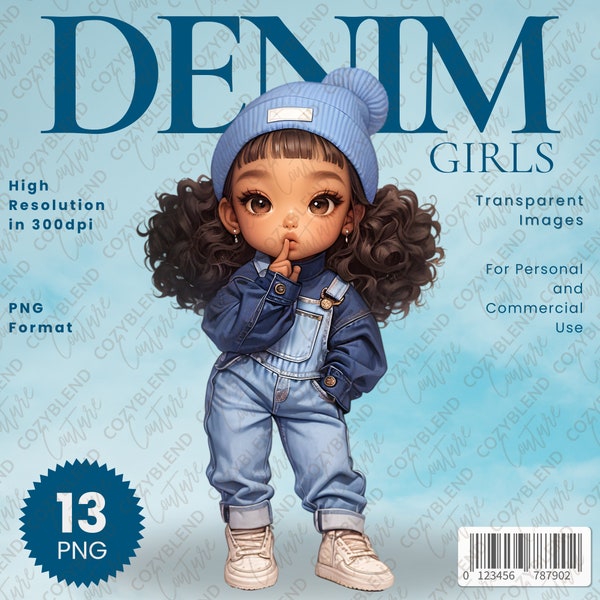 Denim Darling Girls Clipart: Stylish girls embracing the denim trend! Instantly download digital art capturing their chic denim look