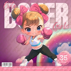Schattige boksermeisjes clipart, atletische vrouwelijke illustraties png, hoogwaardige digitale download, sportthemaprojecten, kaarten en doe-het-zelf