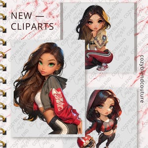 K&ouml;nnte beinhalten: Digitales Clip-Art-Set mit vier Illustrationen von Charakteren im Anime-Stil in Sportkleidung. Die Bilder enthalten den Text "NEW - CLIPARTS" und "COZYBLEND COUTURE". Die Charaktere haben lange Haare und sind in verschiedenen Posen.