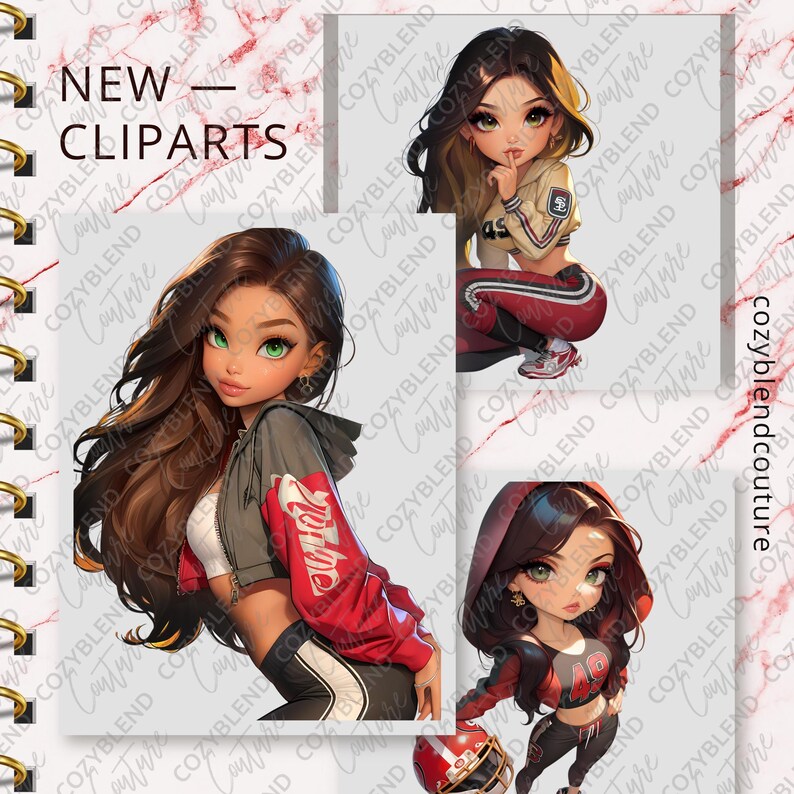K&ouml;nnte beinhalten: Digitales Clip-Art-Set mit vier Illustrationen von Charakteren im Anime-Stil in Sportkleidung. Die Bilder enthalten den Text "NEW - CLIPARTS" und "COZYBLEND COUTURE". Die Charaktere haben lange Haare und sind in verschiedenen Posen.