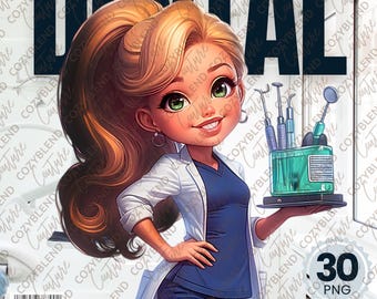 May include: A cartoon illustration of a female dentist holding a tray of dental tools. The dentist is wearing a white lab coat and a blue scrub top. The text "Dental Profession" is in large black letters at the top of the image.