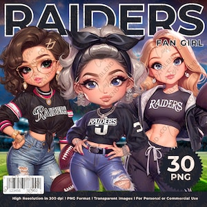 Imágenes Prediseñadas de chica fan de los Raiders, Ilustraciones de fanáticos del fútbol PNG, Arte digital de alta calidad, Ideal para álbumes de recortes, Fabricación de tarjetas y manualidades