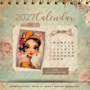 May include: A 2027 calendar page for June featuring a vintage-style illustration of a person with dark hair and an orange headpiece. The calendar grid displays dates from the 1st to the 30th. Text includes 2027 Calendar, June 2027, and A5, A4, Letter Size.