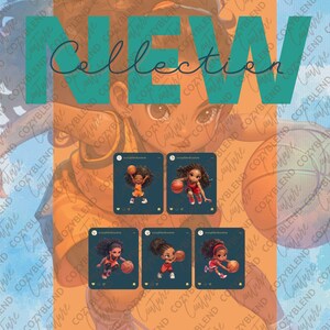 May include: Set of four digital illustrations featuring a young girl playing basketball. The illustrations are in a cartoon style and feature the girl in different poses. The illustrations are set against a dark blue background with a white border.