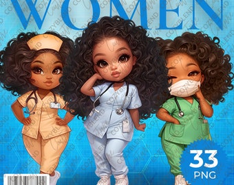 May include: A digital illustration of three cartoon nurses with curly black hair. The nurses are wearing different colored scrubs, a stethoscope, and a face mask. The text "NURSES CURVY WOMEN" is at the top of the image. The text "33 PNG" is at the bottom of the image.